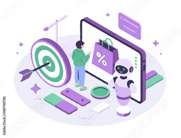 Fototapeta Isometric Digital Marketing and E-commerce Illustration – Tablet with Shopping Bag Icon, Target, Robot, Dollar Coin in Purple and Green

