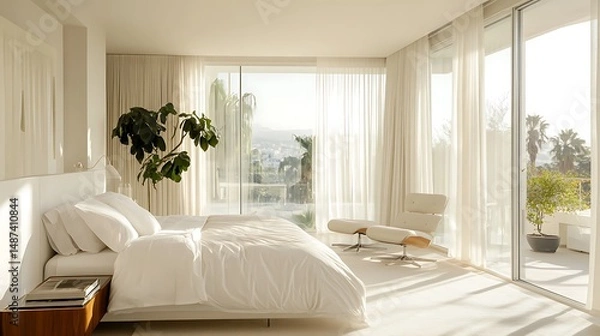 Obraz daylight-bathed minimalist bedroom behind sleek clear glass, soft ivory drapes, white walls and calm architecture