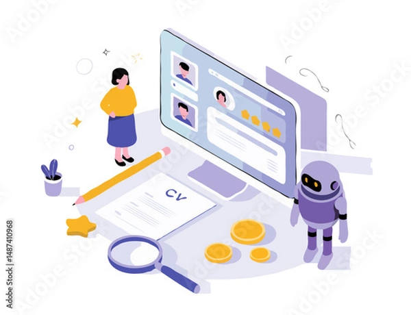 Fototapeta Isometric Digital Workspace Illustration – Computer Monitor with Profiles, Robot Assistant, Coins, and Office Elements in Purple and Yellow