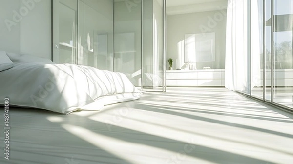 Obraz glass partitioned bedroom in a luxury modern interior, bright daylight casting soft shadows across the floor