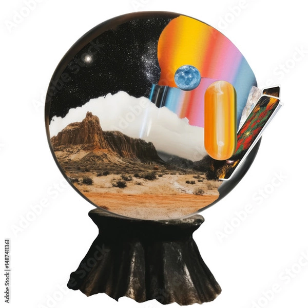 Obraz Crystal ball featuring desert landscape and cosmos, cut out transparent