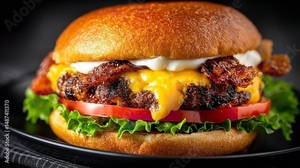 Fototapeta Ultimate Bacon Cheeseburger with Melted Cheddar – Classic American Burger Delight