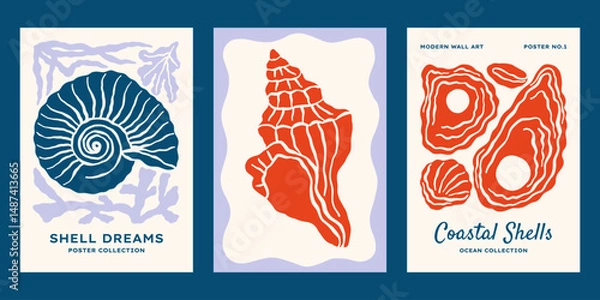 Fototapeta Underwater ocean shells vector posters set. Minimalist retro print designs with seashells illustrations