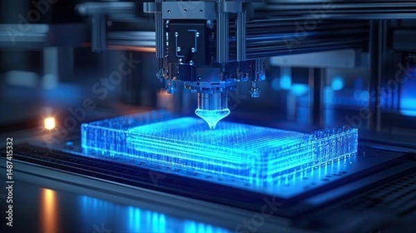 Fototapeta Blue 3D printer creating an object layer by layer, showcasing additive manufacturing technology.