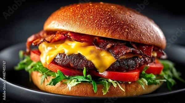 Fototapeta Ultimate Bacon Cheeseburger with Melted Cheddar – Classic American Burger Delight