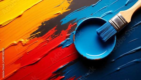 Obraz Vibrant Artistic Close-Up of Paintbrush and Colorful Palette on Bold Abstract Background