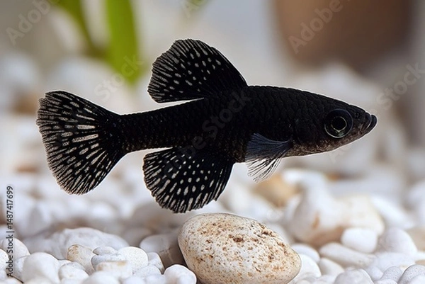 Obraz Black molly fish swims over rocks