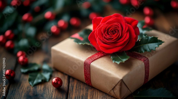 Fototapeta A beautifully wrapped gift sits on a dark wooden surface, adorned with a vibrant red rose