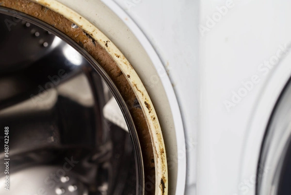 Fototapeta Dirt, mildew and mold in the hatch seals of the washing machine. Unsanitary and unpleasant smell. Cleaning and repairing stains in the washing machine, close-up