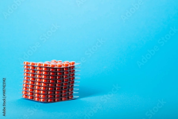 Fototapeta Stack of blisters of tablets on a blue background. Concept of biologically active food supplement, a drug that increases immunity. Copy space for text, anti-inflammatory