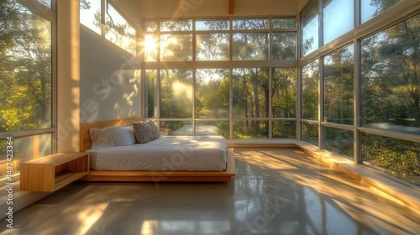 Obraz glass-walled bedroom with large windows, sunrays highlighting the minimalist bed and light wood elements