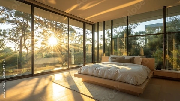 Obraz glass-walled bedroom with large windows, sunrays highlighting the minimalist bed and light wood elements