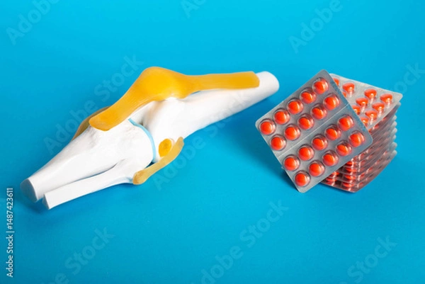 Fototapeta Medical model of knee joint on blue background and stacks of red pills. Concept of chondroprotector drugs for eliminating inflammation and building up cartilage tissue. Copy space for text