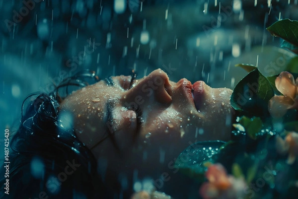 Obraz A serene portrait of a woman's face as raindrops gently fall, surrounded by blossoms. Generative AI