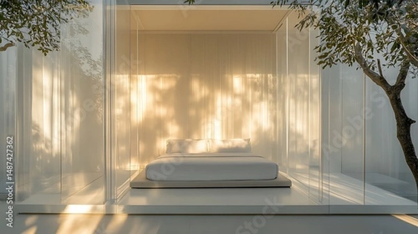 Obraz high-end home interior showing a modern bedroom behind sleek transparent walls, daylight creating gentle highlights