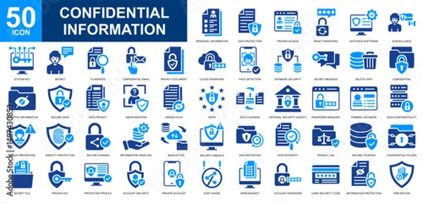 Fototapeta Confidential Information icon set collection. Secret file, Private Data, Personal data, confidentiality, data encryption icon. Simple glyph color vector.
