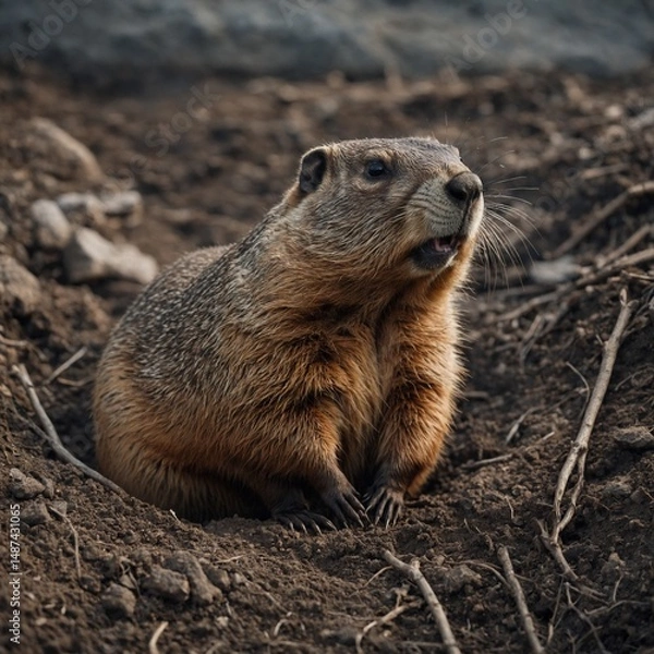 Obraz A groundhog hibernating underground, clear neutral background