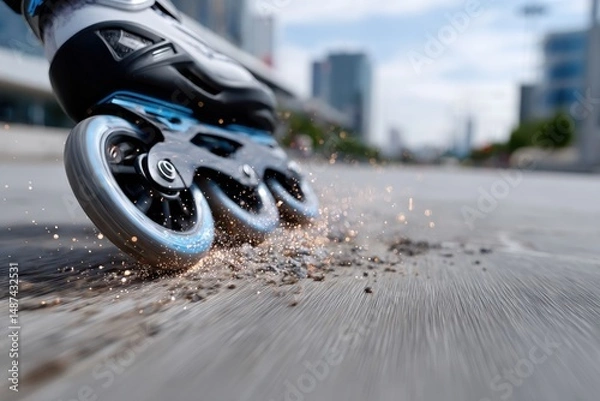 Fototapeta A close-up view of rollerblade wheels generating sparks while skater glides over pavement, emphasizing speed and energy in an urban environment filled with life.
