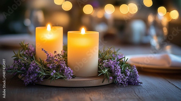 Obraz Candles with Lavender Flowers. Romantic candlelight ambiance with glowing candles surrounded by lavender flowers on a cozy dinner table.
