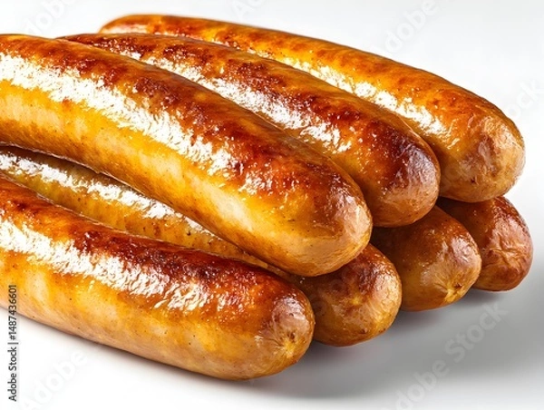 Fototapeta A close-up shot of several delicious golden-brown grilled sausages neatly stacked together on a white background.