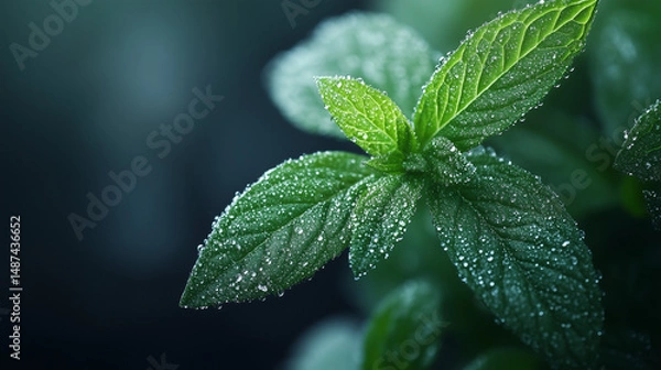 Obraz  Mint leaf with dew. Close-up of a fresh mint leaf covered in morning dew, symbolizing natural freshness and purity.