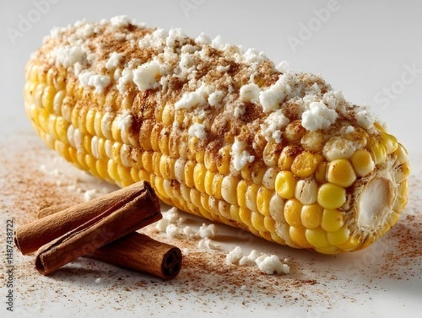 Fototapeta A delicious grilled corn on the cob is topped with crumbled cotija cheese and cinnamon sugar for a sweet and savory treat.