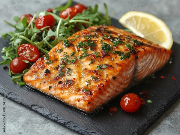 Obraz Grilled Salmon Fillet with Arugula and Cherry Tomatoes. Juicy grilled salmon fillet served on a slate plate with fresh arugula, cherry tomatoes, herbs, and a lemon wedge.