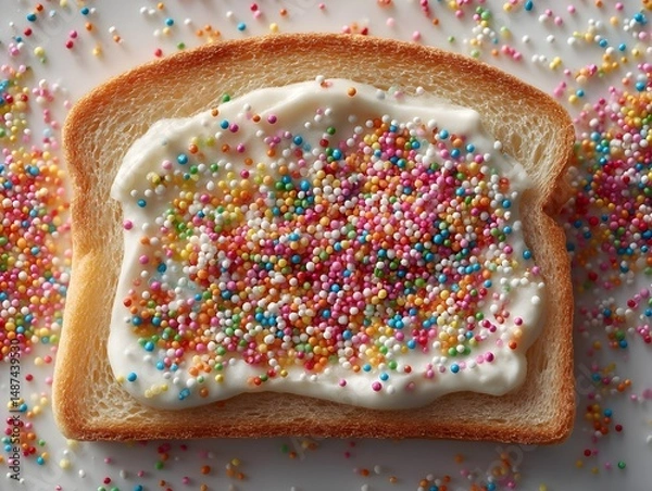 Fototapeta A slice of toasted bread topped with creamy frosting and colorful sprinkles for a sweet breakfast treat.