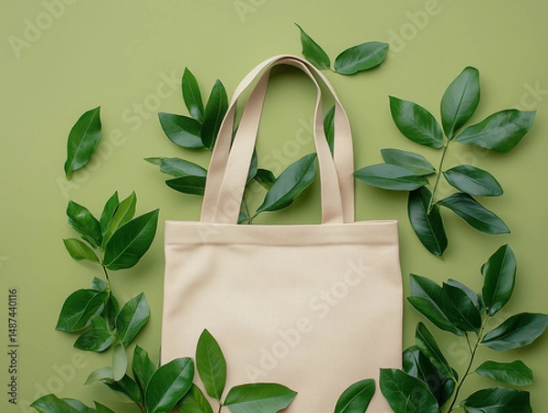 Obraz Reusable Tote Bag with Green Leaves on Pastel Background. Eco-friendly beige tote bag surrounded by fresh green leaves on a soft green background, symbolizing sustainability and natural living.