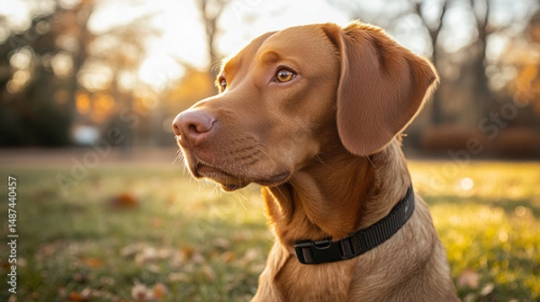 Obraz Brown Dog Sitting on Autumn Grass. Portrait of a brown dog with a collar sitting on grass during golden hour in autumn, looking attentively into the distance.