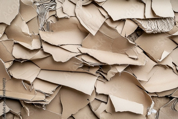 Fototapeta Abstract background of torn corrugated cardboard fragments texture close up