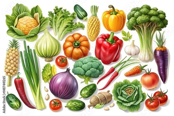 Fototapeta Collection of vegetables and fruits including broccoli, carrots, tomatoes. Graphic, vector, illustration, art, design, clipart, abstract, digital, stock