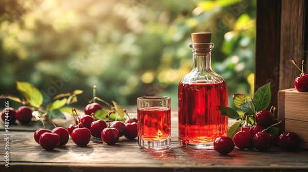 Obraz Cherry Liqueur in Glass and Bottle on Wooden Table. Rustic still life with a bottle and glass of red cherry liqueur, fresh cherries, and soft sunlight on a wooden table in a garden setting.