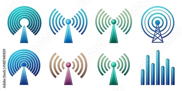 Fototapeta Set of six different radio tower icons. Graphic, vector, illustration, art, design, clipart, abstract, digital, stock