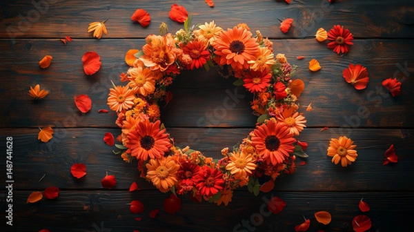 Obraz Autumn Wreath with Flowers on Wooden Background. Rustic autumn wreath made of orange and red flowers, surrounded by scattered petals on dark wooden surface, evoking seasonal warmth.