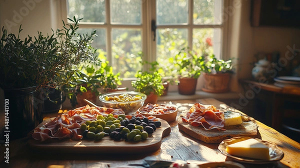 Obraz Rustic Antipasto Platter by Sunny Window. A rustic wooden table laden with an inviting antipasto spread, featuring cured meats, olives, and cheese, bathed in warm sunlight streaming through a traditio
