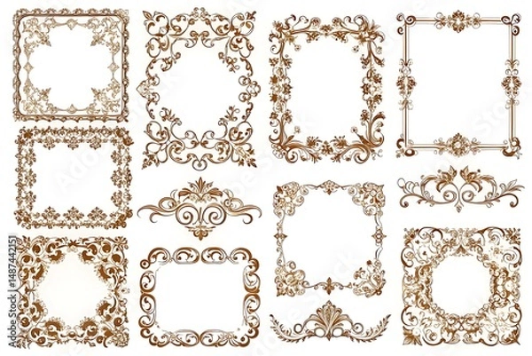 Fototapeta Set of gold framed designs. Graphic, vector, illustration, art, design, clipart, abstract, digital, stock