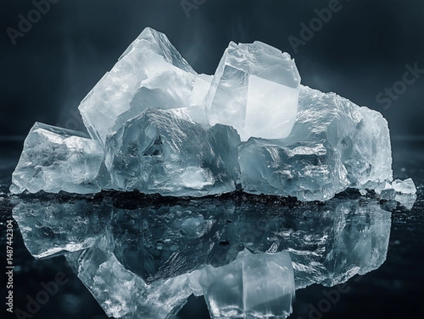 Obraz  Abstract Ice Crystals with Reflection. A close-up, abstract shot of irregular ice crystals with a clear reflection on a dark, wet surface, emphasizing their cool blue and white tones and intricate te