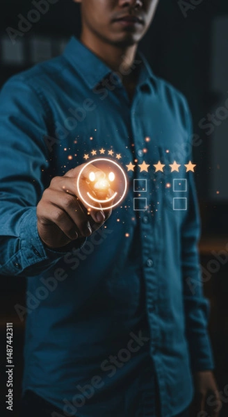 Obraz  Customer Satisfaction: Man Giving Positive Feedback with Glowing Stars & Smiley. Boost Your Business Ratings Today!