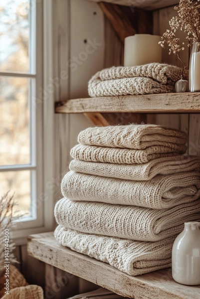 Obraz Cozy Knitted Blankets on Rustic Wooden Shelf. A stack of neatly folded, soft knitted blankets in natural tones, displayed on a rustic wooden shelf next to a window, creating a warm and cozy atmosphere
