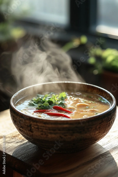 Obraz Steaming Bowl of Soup. Hot, steaming bowl of soup garnished with herbs and chili, served near a sunny window on a wooden table.