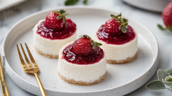 Obraz Mini Strawberry Cheesecakes on White Plate.  Three delightful mini cheesecakes, each topped with a vibrant strawberry compote and a fresh strawberry, presented elegantly on a white plate with a golden