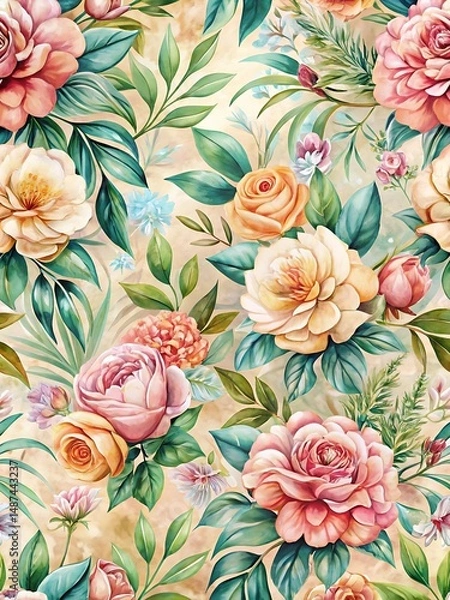 Fototapeta Floral pattern with pink and orange flowers. Graphic, vector, illustration, art, design, clipart, abstract, digital, stock