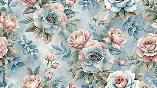 Fototapeta Blue and pink floral print with roses and leaves. Graphic, vector, illustration, art, design, clipart, abstract, digital, stock