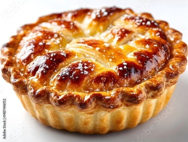 Fototapeta A delicious golden-brown pie with a lattice crust is presented on a white background ready to be served.
