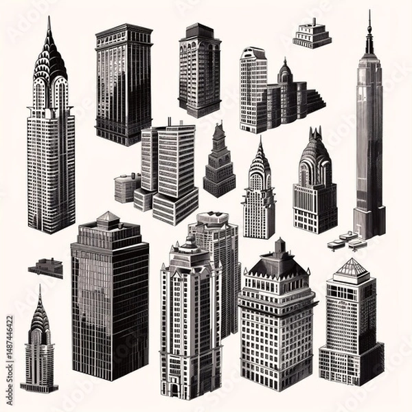 Obraz A collection of black and white buildings, showcasing diverse architectural styles, from tall skyscrapers to compact structures, against a simple white background.