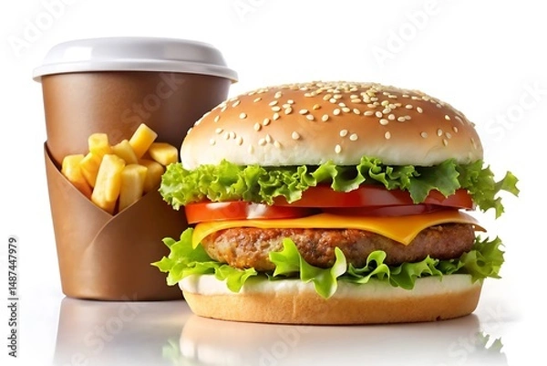 Fototapeta Hamburger with lettuce, tomato, and cheese on a bun. Graphic, vector, illustration, art, design, clipart, abstract, digital, stock