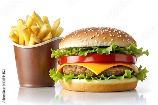Fototapeta Hamburger with lettuce, tomato, and cheese on a bun. Graphic, vector, illustration, art, design, clipart, abstract, digital, stock