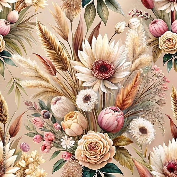Fototapeta Painting of a flower bouquet with a variety of flowers including roses. Graphic, vector, illustration, art, design, clipart, abstract, digital, stock