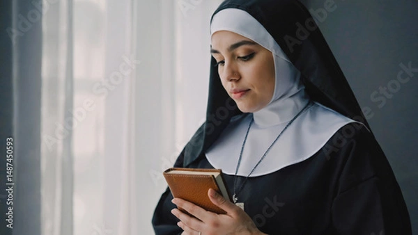 Fototapeta Nun Reading a Book by Window: A young nun, dressed in traditional black robes and white veil, stands by a window, thoughtfully reading a small, brown book.